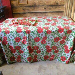 Vintage Lrg Holiday Poinsettia Tablecloth 98X59", 11 Napkin Set 59" SQ
